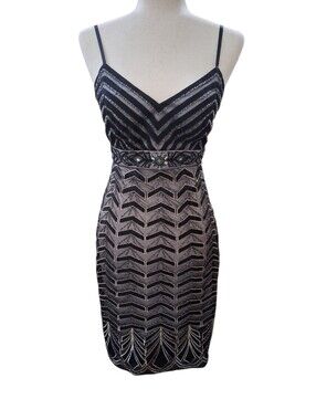 Sue Wong Nocturne Black Platinum Beaded Art Deco Flapper Cocktail Dress Sz 2 VTG